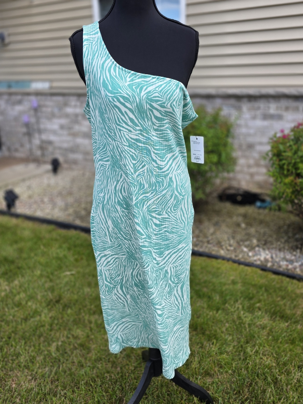 Nine West XL Green Zebra One Shoulder Dress NWT